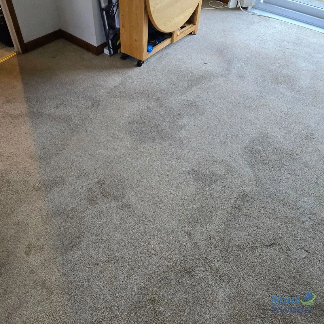 Before: beige lounge carpet covered in dark stains