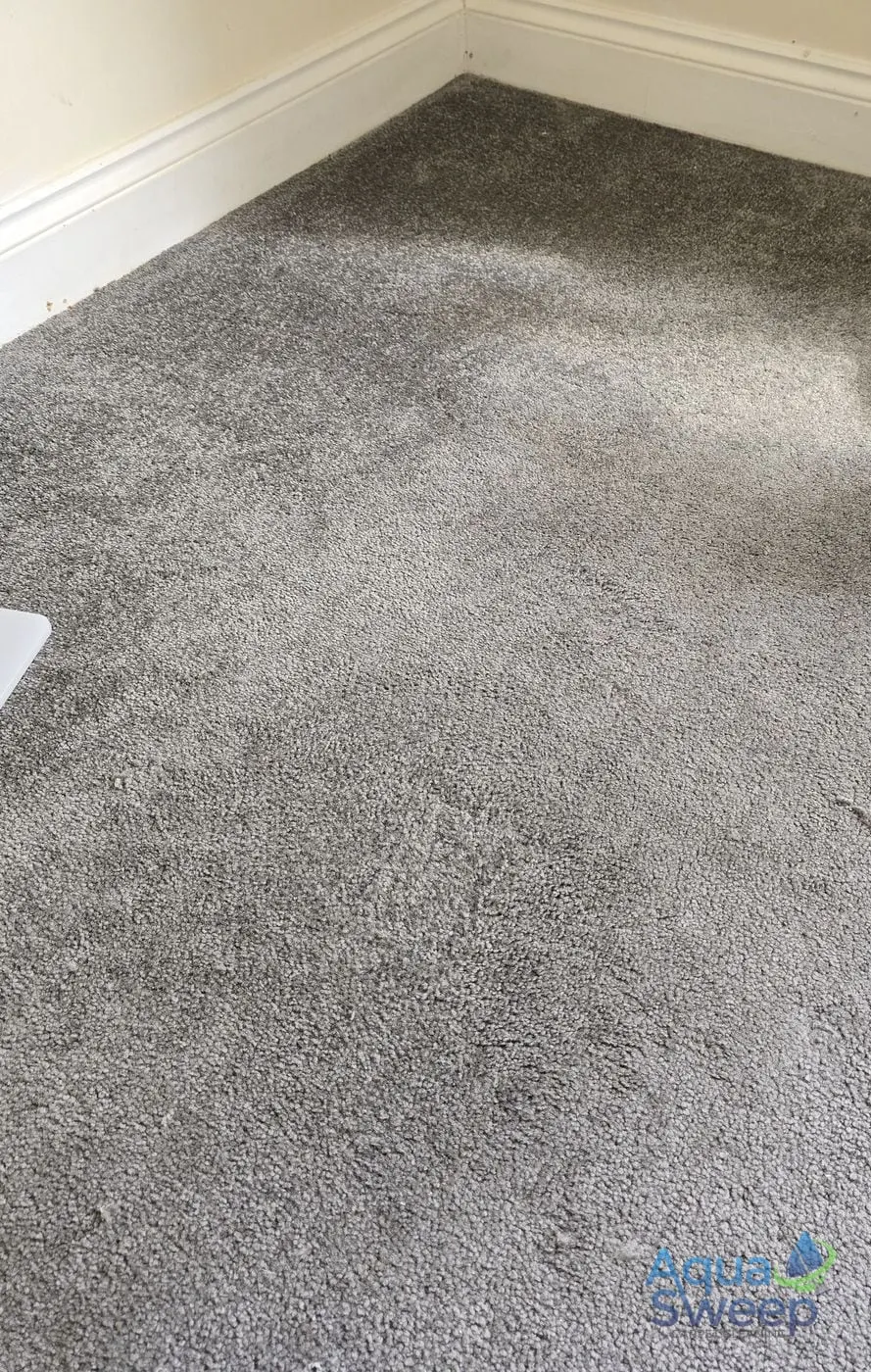 After: grey bedroom carpet with a burn mark and dull patches
