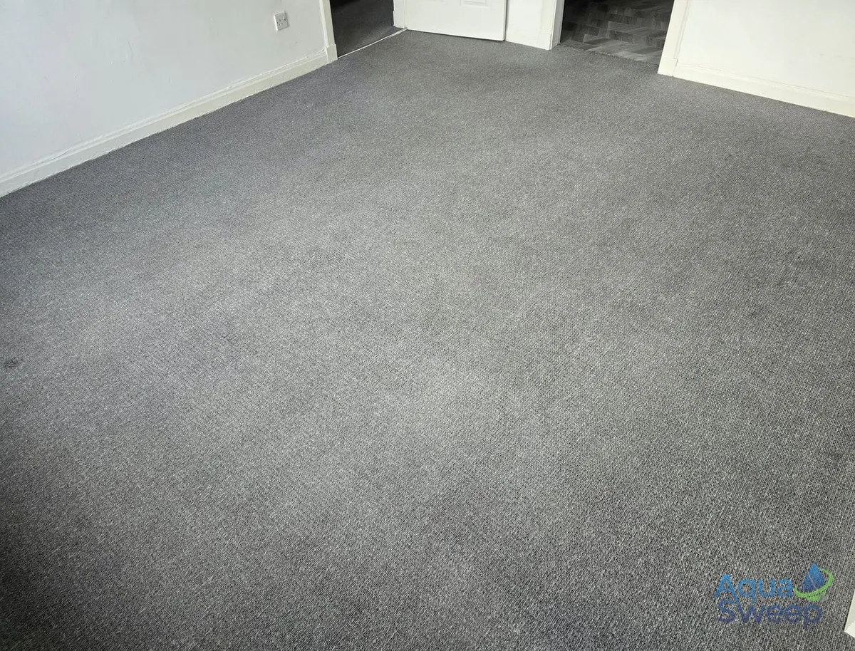 After: grey carpet with dark marks and traffic patches across the room