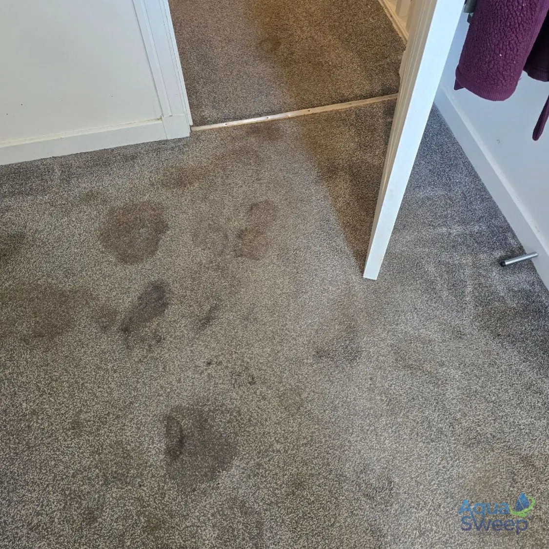 Before: grey bedroom carpet by the door with dark stains across it