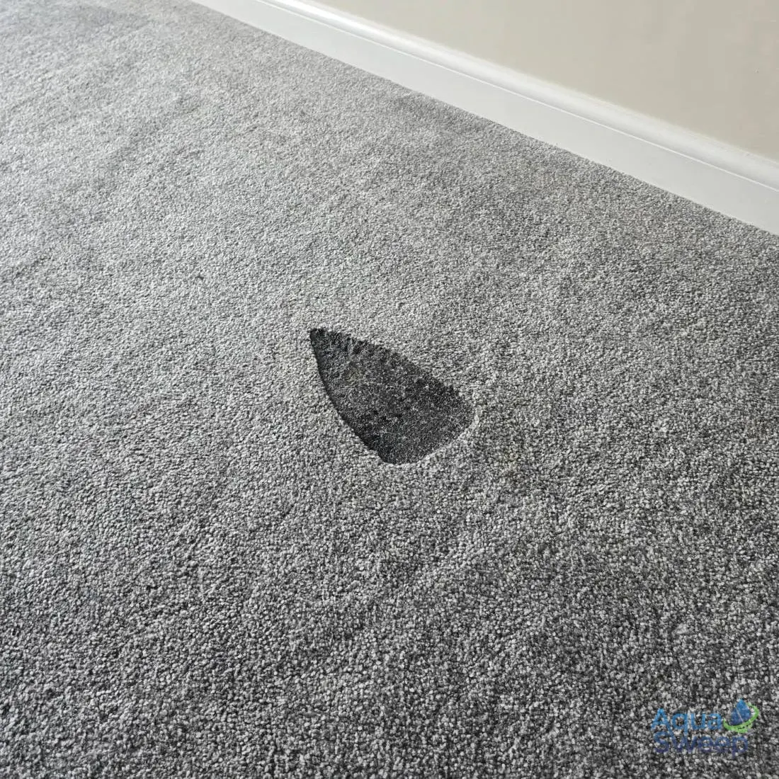 Before: grey bedroom carpet with an iron shaped burn