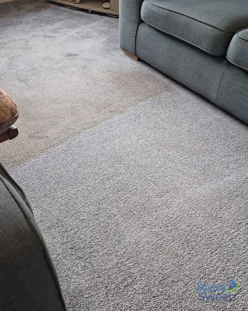 After: grey lounge carpet between two sofas, with a dirty traffic lane