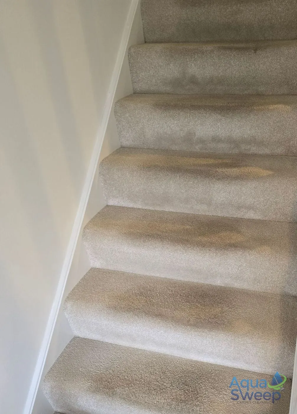 Before: light carpeted staircase with dark marks on every step