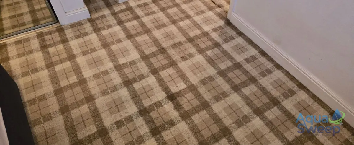 After: tartan pattern hallway carpet with dirt in the pattern