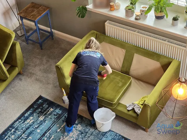 Working cleaning solution into a green fabric sofa by hand