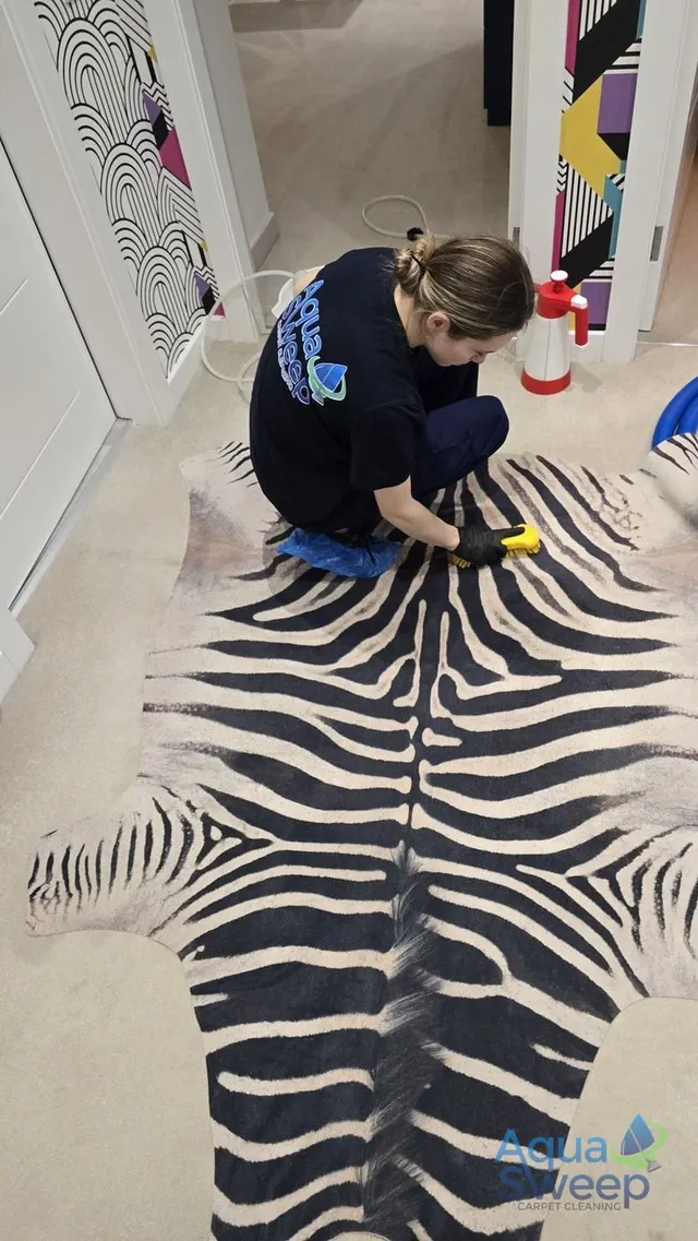 Cleaner kneeling to treat stains on a zebra print rug